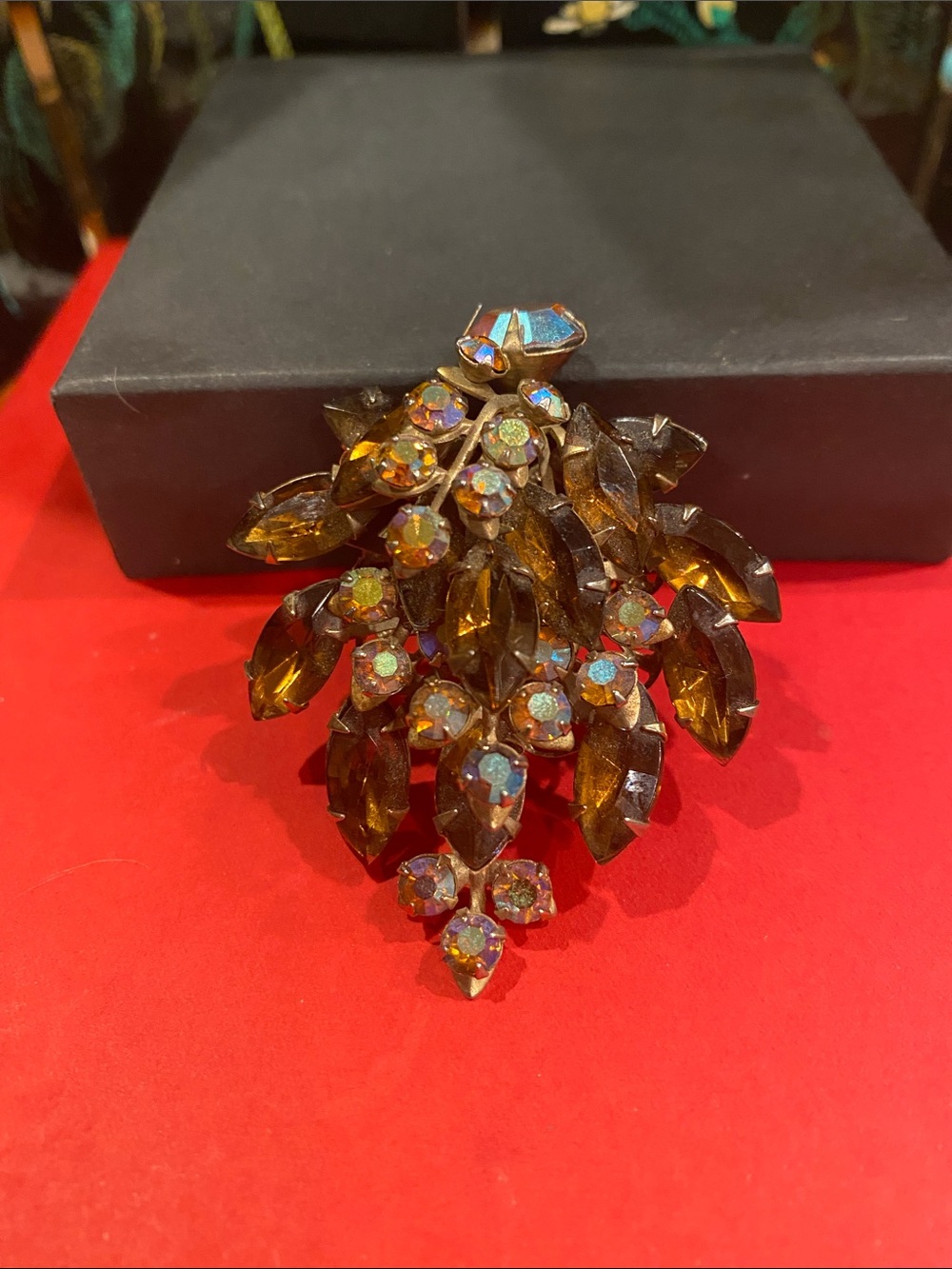Vintage Amber and Aurora Crystal Cluster Brooch